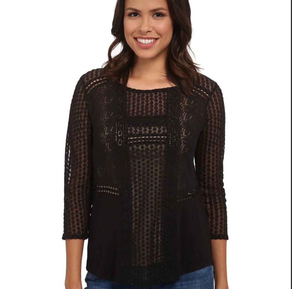 Lucky Brand Black Lace 3/4 Sleeve Top Sz XS